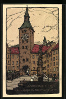 Steindruck-AK Landsberg A. Lech, Der Hauptplatz Mit Schmalzturm  - Andere & Zonder Classificatie