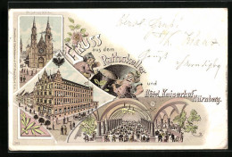 Lithographie Nürnberg, Hotel Kaiserhof Und Gasthaus Rathskeller, St. Lorenz-Kirche  - Nürnberg