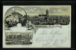 Mondschein-Lithographie Regensburg, Stadt Mit Dem Dom, Walhalla, Vollmond  - Regensburg