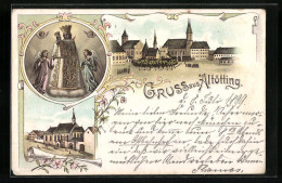 Lithographie Altötting, Kapellplatz Mit Doppelturmkirche, Gnadenmutter  - Altoetting