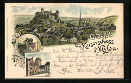 Lithographie Mylau, Kaiserschloss, Schlosshof, Oberer Hof Rathaus  - Mylau