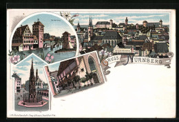 Lithographie Nürnberg, Gasthaus Bratwurstglöcklein, Der Schöne Brunnen, Henkersteg  - Nürnberg