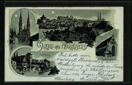 Mondschein-Lithographie Nürnberg, Gasthaus Bratwurstglöcklein, Lorenzkirche, Henkersteg  - Nürnberg