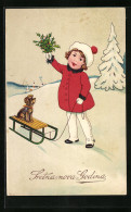 Künstler-AK Mädchen Mit Kleinem Hund Auf Schlitten - Neujahrsgruss  - Wintersport