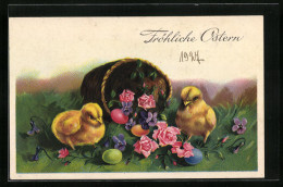 Künstler-AK Fröhliche Ostern, Osterküken Mit Blumen  - Easter