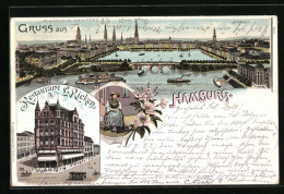 Lithographie Hamburg-St.Georg, Restaurant L. Rieken, Alsterbassin, Vierländerin  - Mitte