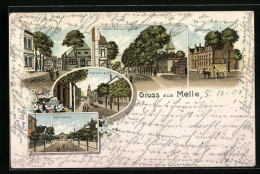 Lithographie Melle, Mühlenstrasse Mit Geschäft, Marktplatz Mit Rathaus, Postgebäude U. Postkutsche  - Melle