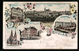 Lithographie Fritzlar, Kolonialwarengeschäft Von Wilh. Thiel Mit Rolandbrunnen, Ursulinerinnenkloster, Kaserne  - Fritzlar