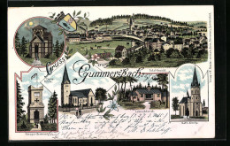 Lithographie Gummersbach, Totalansicht, Haldy-Tempel, Ev. Und Kath. Kirche, Lebrechtsruh  - Gummersbach