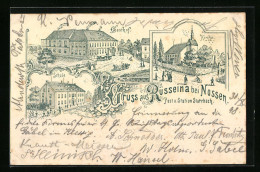 Lithographie Rüsseina B. Nossen, Gasthof, Kirche, Schule  - Nossen