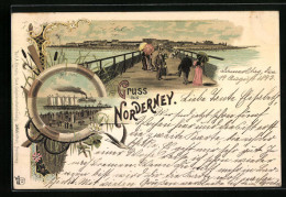 Lithographie Norderney, Blick Von Der Seebrücke Zum Ort, Am Weststrand  - Norderney