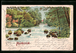 Lithographie München-Schwabing, Wasserfall Im Englischen Garten  - München