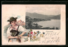 Passepartout-Lithographie Tegernsee, Totalansicht, Maid In Tracht  - Autres & Non Classés