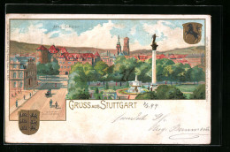 Präge-Lithographie Stuttgart, Altes Schloss, Säule Im Park, Wappen  - Stuttgart