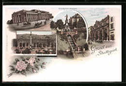 Lithographie Stuttgart, Königsbau, Schlossplatz, Monumental-Brunnen Und Bahnhof  - Stuttgart