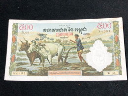 Cambodia Kingdom Banknotes #16B-500 Riels 1956-1 Pcs Aunc Very Rare-number-4981 - Cambodge