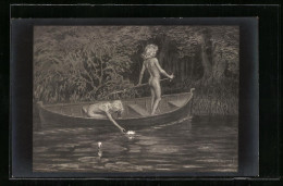 Künstler-AK Fidus: Wasserrosen, Nacktes Paar Im Boot  - Fidus