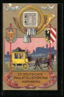 Künstler-AK Nürnberg, 27. Deutscher Philatelisten-Tag 22.-25.07.1921, Postkutsche, Briefmarke, Ganzsache  - Postzegels (afbeeldingen)