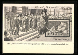 Künstler-AK Düsseldorf, Rheinische Briefmarken-Ausstellung 1936, Die Schirmherrin Trifft Ein, Ganzsache  - Postzegels (afbeeldingen)