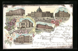 Lithographie Leipzig, Reichsgericht, Königl. Universitätsbibliothek, Concerthaus  - Leipzig