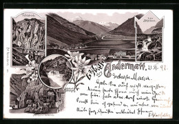 Lithographie Andermatt, St. Gotthard-Befestigung, In Der Schöllenen, Urnerjoch Mit Postkutsche, Teufelsbrücke  - Andermatt