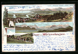 Lithographie Walzenhausen, Ortsansicht Mit Alpen Und Bodensee, Panorama Von Der Meldegg  - Walzenhausen