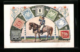 Künstler-AK München, Postbote Zu Pferde, Briefmarken Von Bayern, Ganzsache Bayern, König Ludwig III.  - Königshäuser