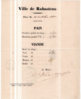 Rabastens De Bigorre  Taxe Du 11 Octobre 1880 Sur Le Pain Et La Viande ( Cachet Ferrovière Au Dos Tarbes Auch ) - Decreti & Leggi