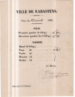 Rabastens De Bigorre  Taxe Du 16 Aout  1880 Sur Le Pain Et La Viande Avec Cachet Mairie - Gesetze & Erlasse