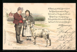 Lithographie Würzbach Bei Calw, Kinder In Trachten Füttern Eine Ziege  - Calw