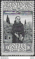 1926 Italia San Francesco 30c. Perf. 13½ MNH Sassone N. 193 - Altri & Non Classificati