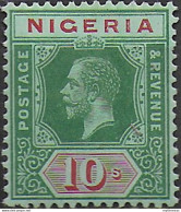 1914 Nigeria George V 10s. Green And Red Blue Green MNH SG N. 11 - Autres & Non Classés