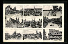 AK Ulm A. D., Metzgerturm, Stadtmauer, Friedrichsau, Rathaus  - Ulm