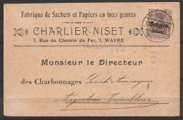 CP Fabrique De Sachets Et Papiers Charlier-Niset Affr. N°OC11 Càpt WAVRE /27.7.1916 Pour Charbonnages à ARGENTEAU-TREMBL - OC1/25 Generaal Gouvernement