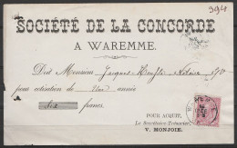 Reçu Société De La Concorde Pour Cotisation Affr. N°46 Càd WAREMME /16 DEC 1885 (?) - 1884-1891 Leopoldo II