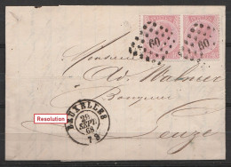 L. Affr. N°20 X2 (paire) Lpts "60" Càd BRUXELLES /29 SEPT 1868 Pour Banquier à LEUZE (au Dos: Càd LEUZE) - 1865-1866 Perfil Izquierdo