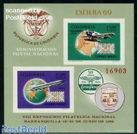 Colombia 1969 Exfilbo 69 S/s, Mint NH, History - Transport - Various - Coat Of Arms - Flags - Aircraft & Aviation - Maps - Avions