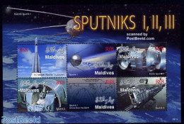 Maldives 2006 Sputniks I,II,III 6v M/s, Mint NH, Nature - Transport - Dogs - Space Exploration - Maldives (1965-...)