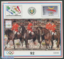 Paraguay 1990 Olympic Games S/s, White Border, Mint NH, Nature - Sport - Horses - Olympic Games - Stamps On Stamps - Postzegels Op Postzegels