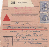Paketkarte 1948: Hof Saale Nach Elektrotechn. Fabrik München, Nachnahme - Briefe U. Dokumente