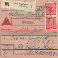 Paketkarte 1948: Weilheim Oberbay. Nach Eglfing, Anstalt, Nachnahme - Storia Postale