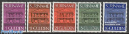 Suriname, Republic 1975 Definitives, Central Bank 5v, Mint NH, Various - Banking And Insurance - Art - Architecture - Surinam