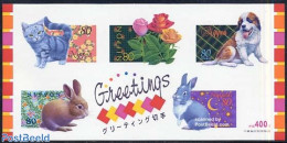 Japan 1999 Greeting Stamps 5v M/s S-a, Mint NH, Nature - Cats - Dogs - Flowers & Plants - Rabbits / Hares - Nuovi