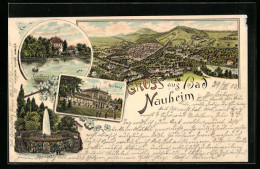 Lithographie Bad Nauheim, Teichhaus, Sprudel, Kurhaus, Gesamtansicht  - Bad Nauheim