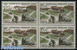 France 1958 Stamp Day 1v, Block Of 4 [+], Mint NH, Sport - Transport - Post - Automobiles - Motorcycles - Ongebruikt