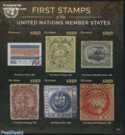 Guyana 2015 First Stamps, P 6v M/s, Mint NH, History - Nature - Transport - Flags - United Nations - Birds - Cat Famil.. - Timbres Sur Timbres
