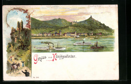 Lithographie Königswinter, Panoramaansicht Der Stadt Mit Drachenfels, Die Ruine Drachenfels  - Koenigswinter