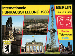 AK Berlin, Internationale Funkausstellung 1989, Funkturm, Brandenburger Tor, Stadtwappen  - Expositions