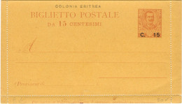 REGNO / COLONIE / ERITREA 1905 B6 BIGLIETTO POSTALE DA C. 15 SU C. 20 'PROVVISORI' SOPRASTAMPATO 'COLONIA ERITREA' NUOVO - Eritrea