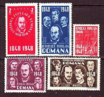1948. Romania. 100th Anniversary Of 1848 Revolution. MNH. Mi. Nr. 1132-36 - Nuovi